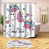 Fansu Unicornio Cortina de Ducha Antimoho Impermeable Antibacteriano, 3D Impresión Diseño Transparente Cortina de Baño Ducha Bañera 100% Poliéster con 12 Anillos (180x180cm,M)