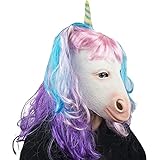 CreepyParty Máscara de Unicornio Arcoíris con Peluca de Colágeno de Látex Cabeza Completa Realista Máscara de Cabeza de Animal para Fiesta de Disfraces Halloween Cosplay Mascarada