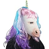 CreepyParty Máscara de Unicornio Arcoíris con Peluca de Colágeno de Látex Cabeza Completa Realista Máscara de Cabeza de Animal para Fiesta de Disfraces Halloween Cosplay Mascarada