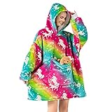 Queenshin Manta Sherpa con Capucha de Arcoiris Unicornio con Bolsillo Gigante para Mujeres, Hoodie Sudadera Manta de Gran Tamaño, un Tamaño para Todos