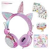 SVYHUOK Auriculares Unicornio para Niños Cascos Cable con Orejas de Gato Ajustables con Micrófono para Teléfono PC Laptop Escuela Rosa