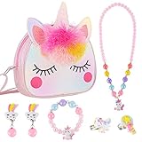 Juegos de Joyas para Niña, Victse Unicornio Bolso para Niña, Bolso Bandolera Niños con Collar Pulsera Anillo y Aretes Mi Primer Bolso para Vestir a Niñas Pequeñas y Juegos de rol Regalo (Pink)