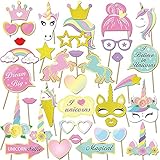 Konsait Unicornio DIY Photo Booth Props Cumpleaños Cabina de Fotos Accesorios Photocall máscaras Gafas en Palos para Niños Niñas Regalo Unicornio Decoraciones de Fiesta de Cumpleaños (35 pcs)