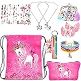 RLGPBON Pack 5 Unicornios Mochila con cordón/Maquillaje Bolsa/Collar de cadena de aleación/Pulsera/5 piezas de lazos para el cabello Unicornio/Unicornio Drawstring Gift para niñas