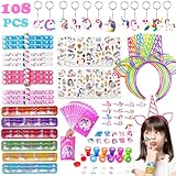 108 Piezas Cumpleaños Unicornio Regalo de Fiesta, Llavero Pulseras Tatuajes Temporales Sellos Anillo Bolsa de Fiesta, Piñata Unicornio Regalo Niña