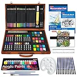 Juego de arte, 115 piezas Shuttle Art Art Supplies en estuche de madera, kit de dibujo de pintura con pintura acrílica Lápices de colores Pasteles al óleo Tartas de acuarela Libro para colorear Bloc