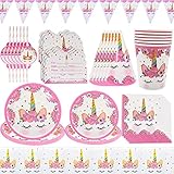 Simmpu Kit de vajilla de decoración de fiesta Unicornio Unicorn Party Supplies Manteles Banderín Platos de Papel Vasos de Papel Servilletas Pajitas para Niñas Cumpleaños de Unicorn Servir 6 Invitados