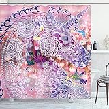 ABAKUHAUS Unicornio Cortina de Baño, Fantasía Aves Animales, Material Resistente al Agua Durable Estampa Digital, 175 x 200 cm, Rosado Morado