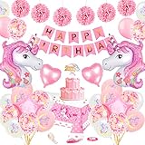 Globos Unicornio Cumpleaños Niña, Rosa Unicornio Decoración con Enorme 3D Unicornio Foil Confeti Globos Pompoms Banner Manteles Cake Topper, Pastel Globos Unicornio para Baby Niña 1 2 3 4 5 6 7 Años